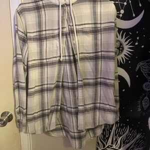 Women’s Casual Plaid Button-Up Black and White Flannel Hoodie